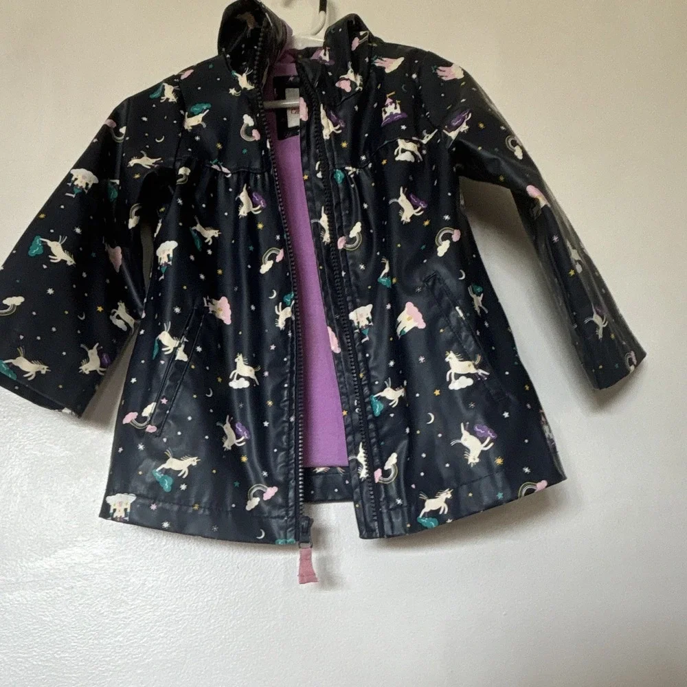 Cat & Jack Girls 2T Hooded Rain Coat Unicorn Print Full Zip Pockets